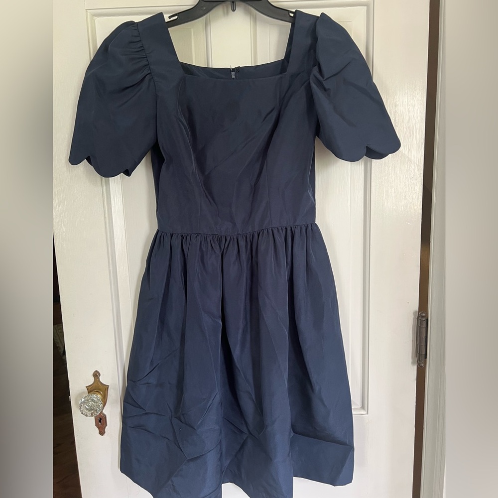 Vintage kappi 1980’s does 1950’s satin cocktail dress with scalloped sleeves